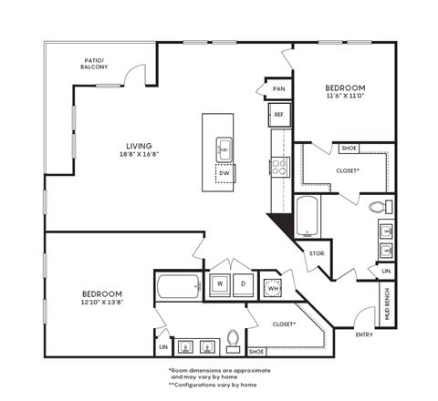 Floor plan for 2 beds, 2 baths, 1375 sqft